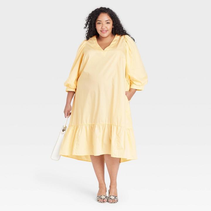 Women's Plus Size Long Sleeve Ruffle Hem Dress - A New Day Light Yellow