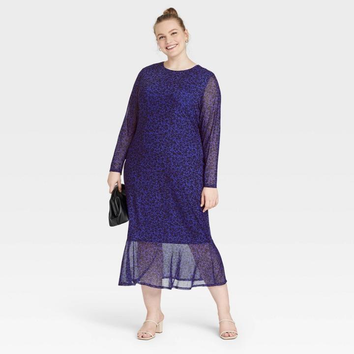 Women's Plus Size Mesh Long Sleeve Dress - Ava & Viv Blue X