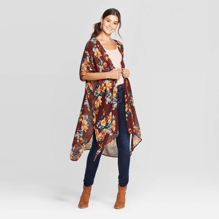 Women's Floral Print 3/4 Sleeve Sheer Midi Kimono Jacket - Xhilaration Burgundy Xs/s, Women's, Size: Xs/small, Purple
