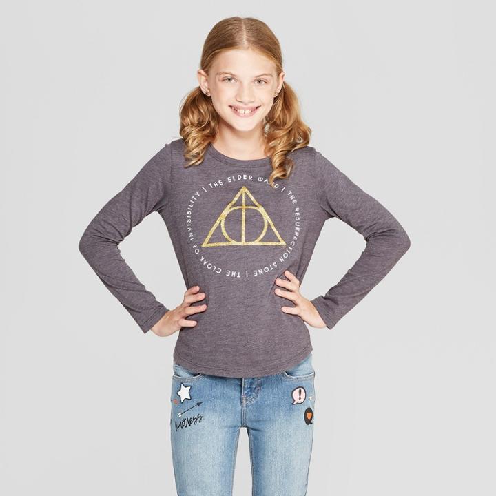 Girls' Harry Potter Deathly Hallows Long Sleeve T-shirt - Charcoal Heather