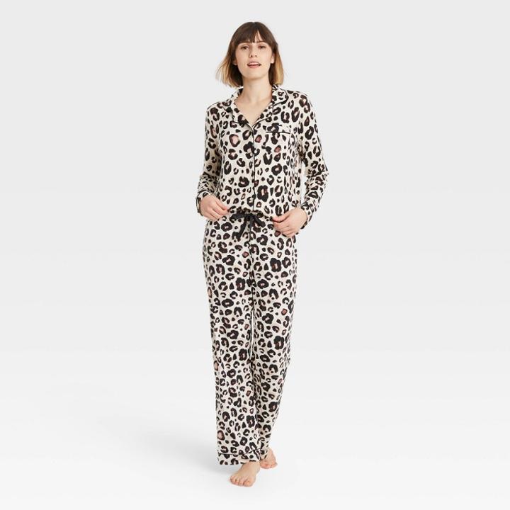Women's Leopard Print Beautifully Soft Long Sleeve Notch Collar Top And Pants Pajama Set - Stars Above