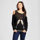 Women's Cold Shoulder Champagne Flute Ugly Holiday Sweater - 33 Degrees Black