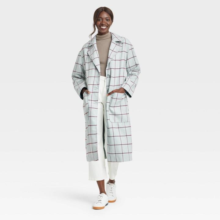 Women's Relaxed Fit Top Overcoat - A New Day Mint Plaid