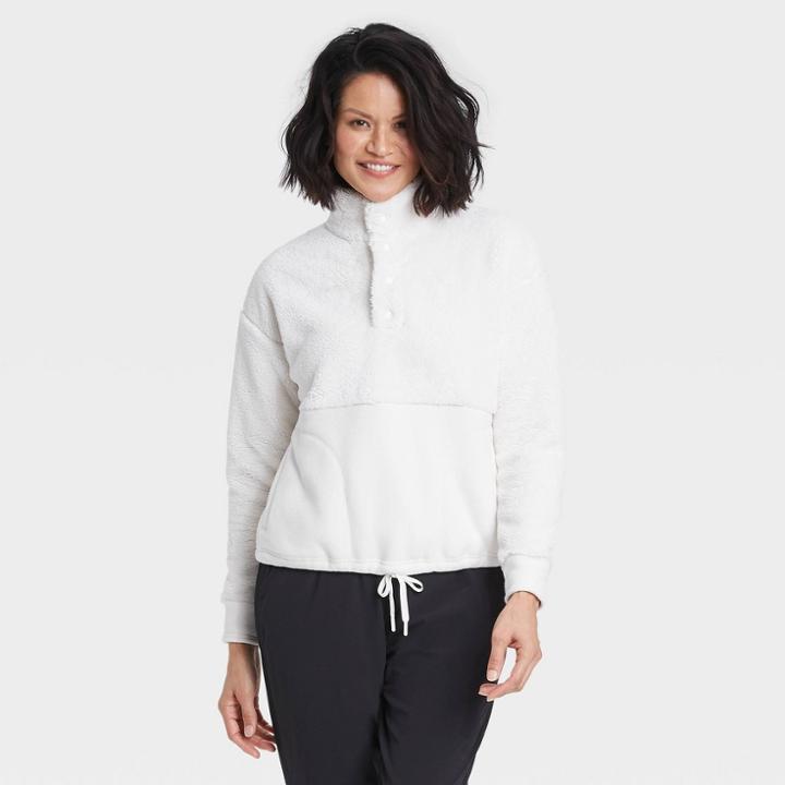 Women's Snap Front Cozy Sherpa Pullover Sweatshirt - All In Motion Cream