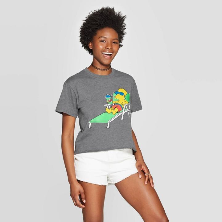 Mighty Fine Women's Bart Simpson Short Sleeve Cropped Graphic T-shirt - (juniors') - Dark Heather Gray