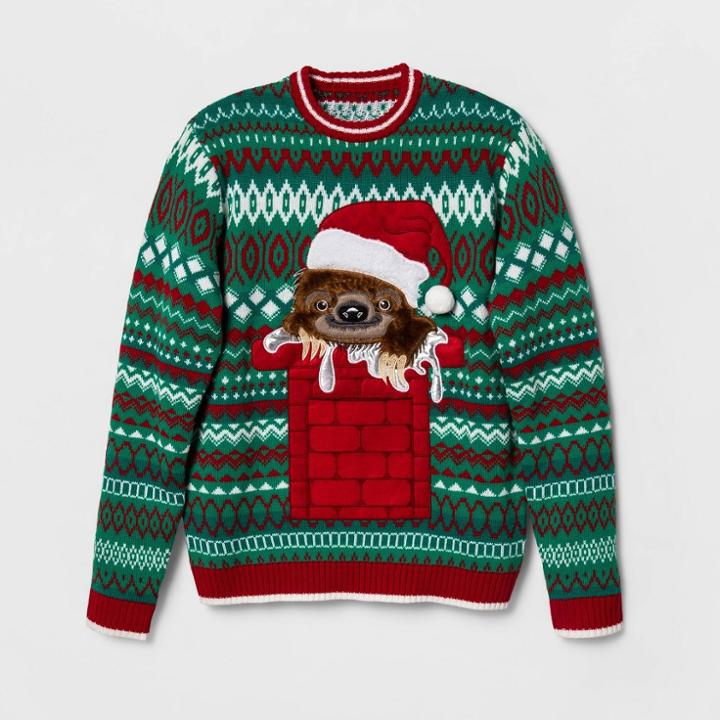 33 Degrees Men's Sloth In Chimney Drink Pocket Ugly Holiday Sweater - Green/red