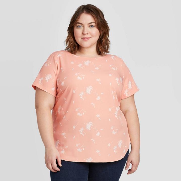 Women's Plus Size Floral Print Short Sleeve Crewneck Button Back Blouse - Ava & Viv Blush X, Women's, Pink