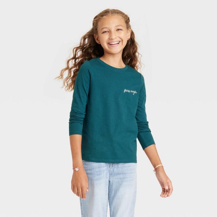 Girls' 'pure Magic' Long Sleeve Graphic T-shirt - Cat & Jack Dark Green