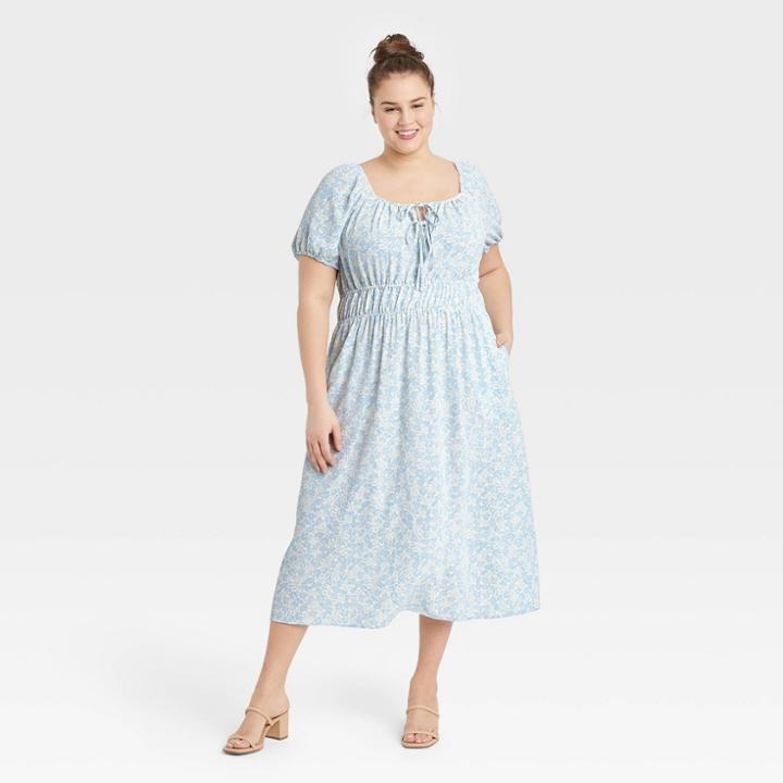 Women's Plus Size Puff Short Sleeve Smocked Dress - Who What Wear Blue Floral