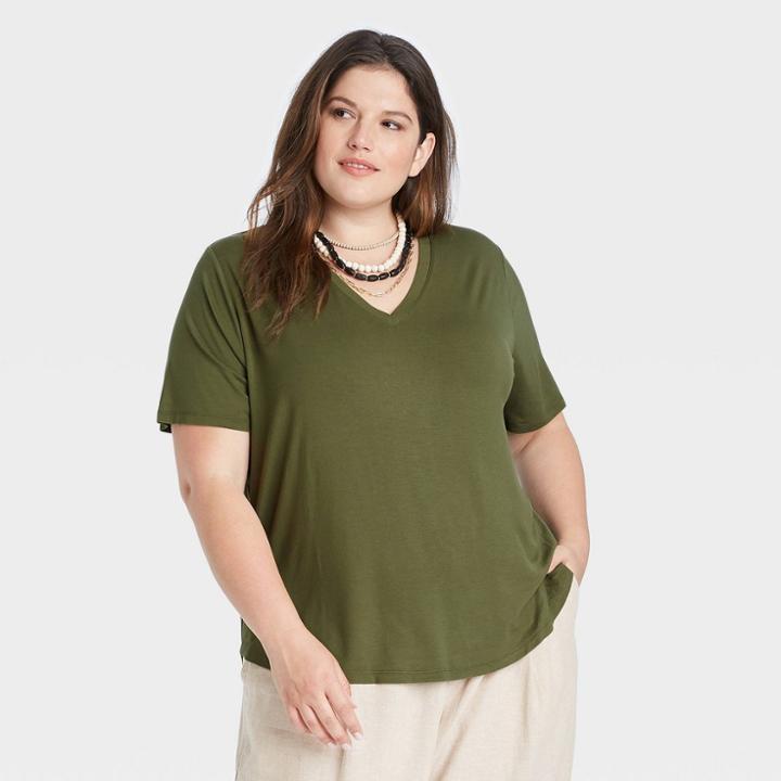 Women's Plus Size Short Sleeve V-neck Drapey T-shirt - A New Day Green