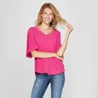Women's Short Sleeve Lattice Neck Blouse - Spenser Jeremy - Pink