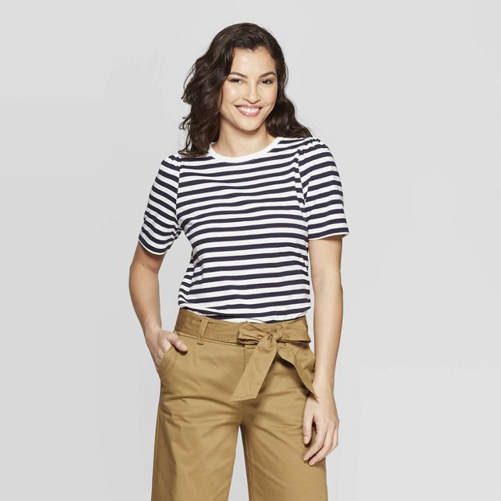 Women's Striped Elbow Length Puff Sleeve T-shirt - A New Day Navy/white