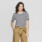 Women's Striped Elbow Length Puff Sleeve T-shirt - A New Day Navy/white