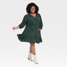 Women's Plus Size Long Sleeve Folkloric A-line Dress - Knox Rose Green