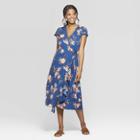 Women's Floral Print Short Sleeve Deep V-neck Wrap High Low Hem Maxi Dress - Xhilaration Navy (blue)