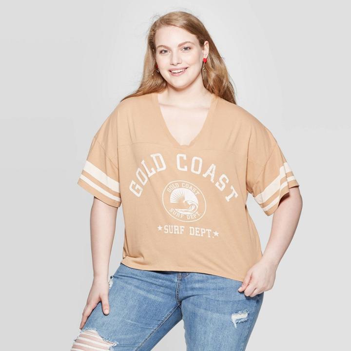 Women's Gold Coast Surf Plus Size Short Sleeve Cropped Varsity T-shirt - Grayson Threads (juniors') - Tan