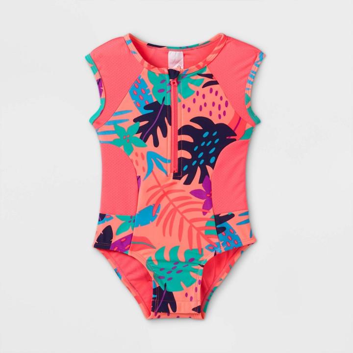 Toddler Girls' Leaf Print Zip-front One Piece Swimsuit - Cat & Jack Pink