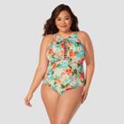 Women's Plus Size Slimming Control High Neck One Piece Swimsuit - Beach Betty By Miracle Brands Blue Floral