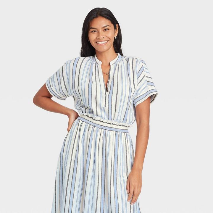 Women's Striped Short Sleeve Top - A New Day Blue
