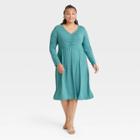 Women's Plus Size Long Sleeve Ruched Bodice Dress - Ava & Viv Teal X, Blue