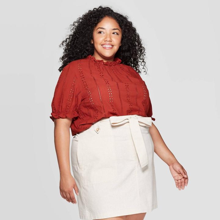 Women's Plus Size Short Sleeve Crewneck Eyelet Top - Universal Thread Rust