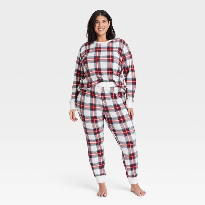Women's Plus Size Thermal Pajama Set - Stars Above White Plaid