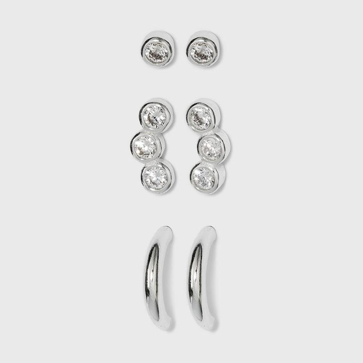 Sterling Silver Cubic Zirconia Stud And Hoop Earring Set 3pc - A New Day