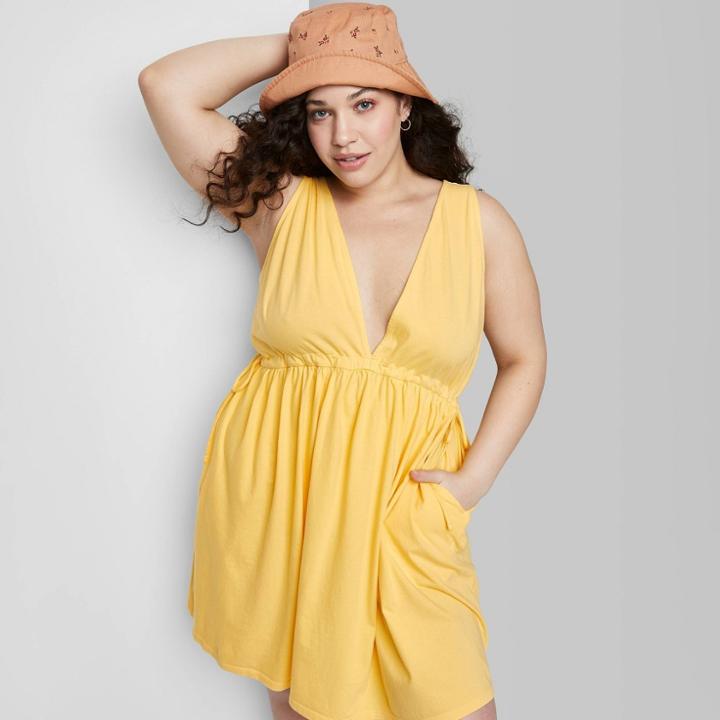 Women's Plus Size Sleeveless Tie Waist Knit Mineral Dyed Babydoll Dress - Wild Fable Yellow