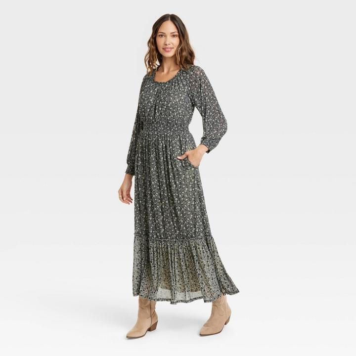 Women's Long Sleeve Smocked Mesh Dress - Knox Rose Black