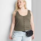 Women's Plus Size Button-front Round Neck Waffle Tank Top - Wild Fable Olive Green 1x, Women's,