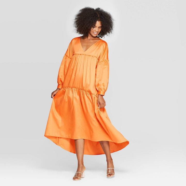 Women's Long Sleeve V-neck Tiered Tent Midi Dress - Who What Wear Gold S, Women's, Size: