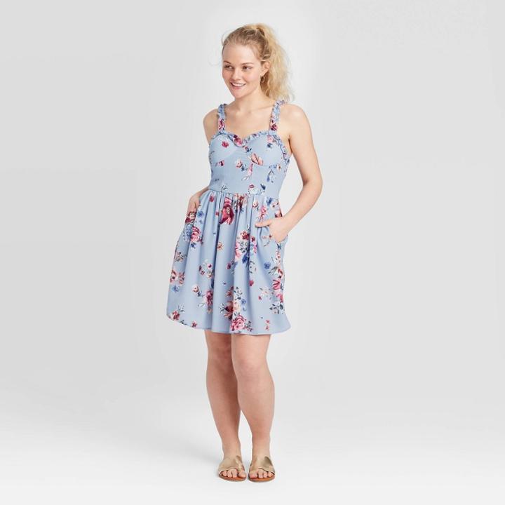 Women's Floral Print Sleeveless Ruffle Strap Bra Cup Dress - Xhilaration Light Blue