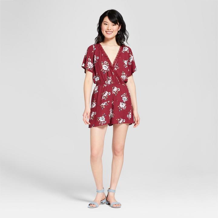 Women's Short Sleeve Floral Wrap Romper - Xhilaration Burgundy (red)/ivory Floral