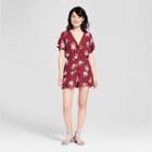 Women's Short Sleeve Floral Wrap Romper - Xhilaration Burgundy (red)/ivory Floral