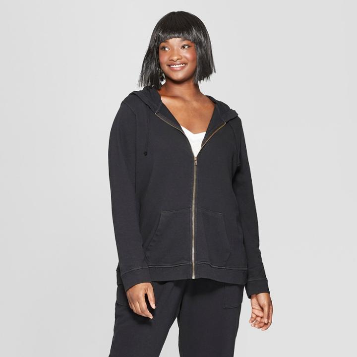Women's Plus Size Long Sleeve Zip-up Hoodie Sweatshirt - Universal Thread Black