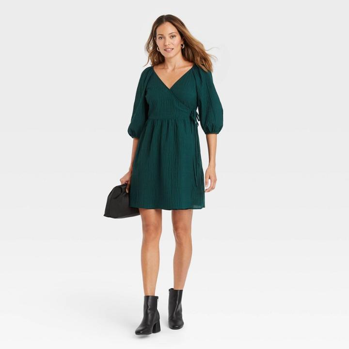 Women's Balloon Elbow Sleeve Tie Waist Wrap Dress - A New Day Dark Green