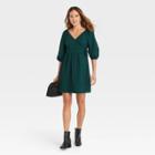 Women's Balloon Elbow Sleeve Tie Waist Wrap Dress - A New Day Dark Green