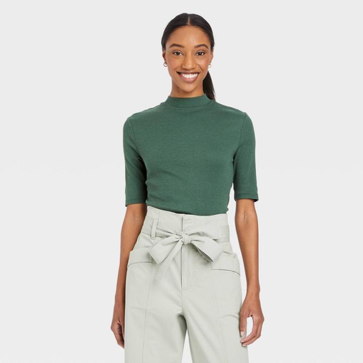 Women's Elbow Sleeve Mock Turtleneck T-shirt - A New Day Green