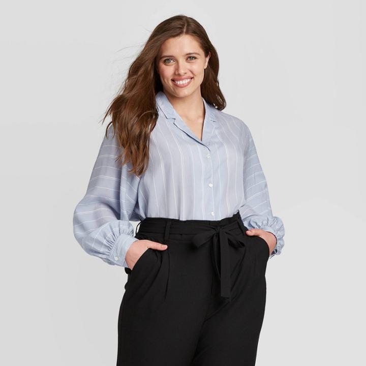 Women's Plus Size Striped Long Sleeve Collared Blouse - Ava & Viv Blue X, Women's