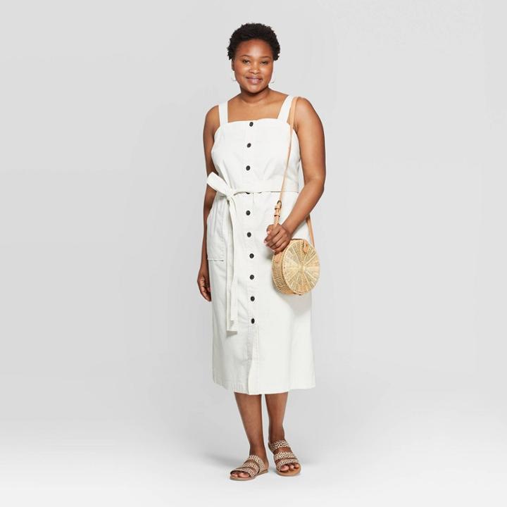 Women's Plus Size Sleeveless Square Neck Button-front Belted Dress - Universal Thread Snowball White