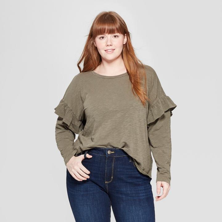 Women's Plus Size Long Sleeve Ruffle T-shirt - Universal Thread Olive (green) X