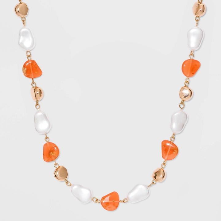 Simulated Pearl And Organic Foil Flecked Bead Station And Collar Necklace - A New Day Orange, Red