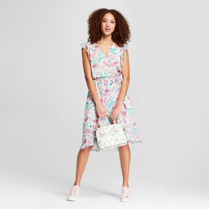 Women's Floral Print Short Sleeve Ruffle Wrap Dress - A New Day Light Pink