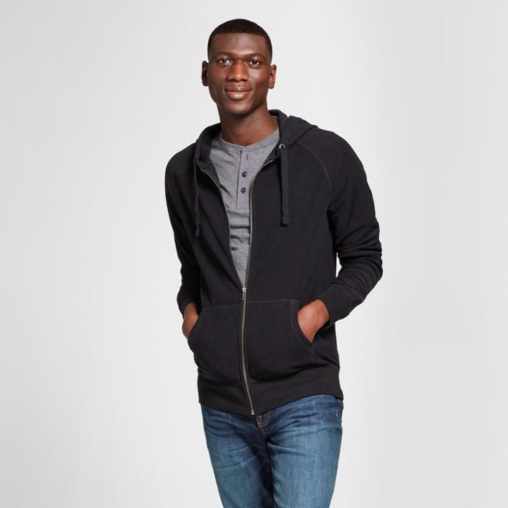 Men's French Terry Full Zip Long Sleeve Hooded Overcoat - Goodfellow & Co Black