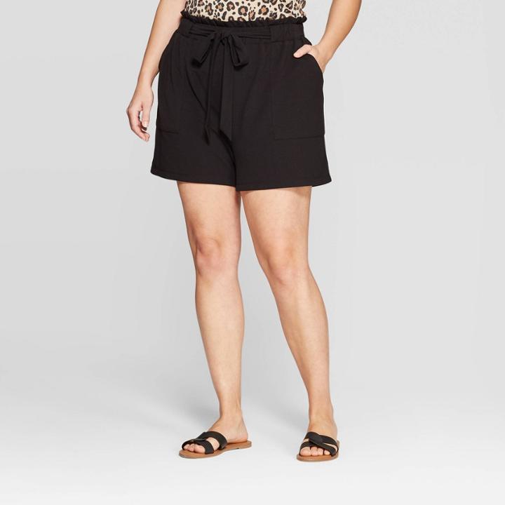 Women's Plus Size Paper Bag Knit Shorts - Ava & Viv Black X