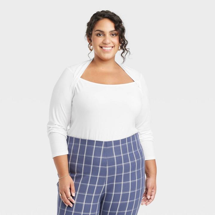Women's Plus Size Long Sleeve Slim Fit Square Neck Bolero Top - A New Day White