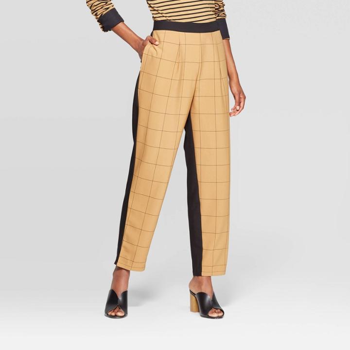 Women's Plaid Mid-rise Straight Leg Color Blocked Pants - Who What Wear Brown