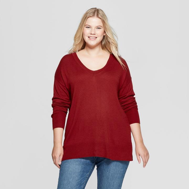 Women's Plus Size V-neck Luxe Pullover - A New Day Red