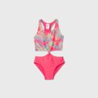 Girls' Palm Leaf Tie-front Exotic Summer One Piece Swimsuit - Art Class Pink
