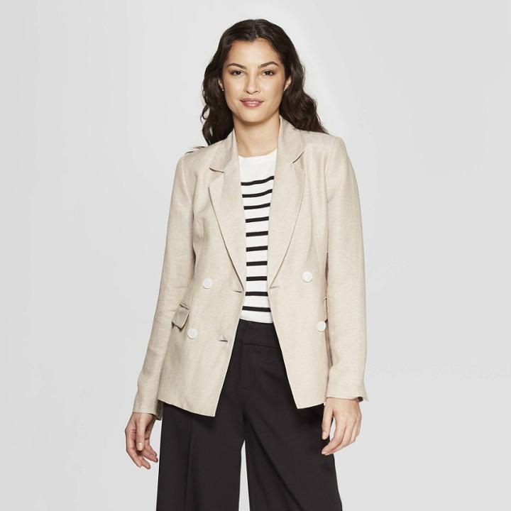 Women's Long Sleeve Linen Blazer - A New Day Tan